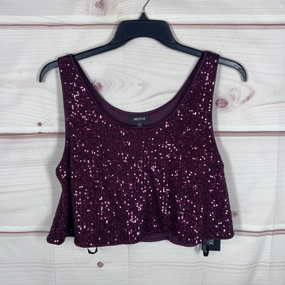 Wildfox Crop Tank Top Women XL Purple Sequin Sleeveless Swing Scoop Neck Sparkle